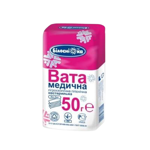 Вата медична гігієнічна нестерильна ТМ Білосніжка, зигзагоподібна стрічка, 50г